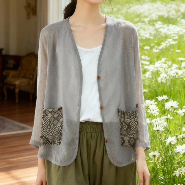 ゆったりプリント切替 接触冷感 リネン風アイスシルク 長袖UVカット Vネック カーディガン レディース 大きいサイズ