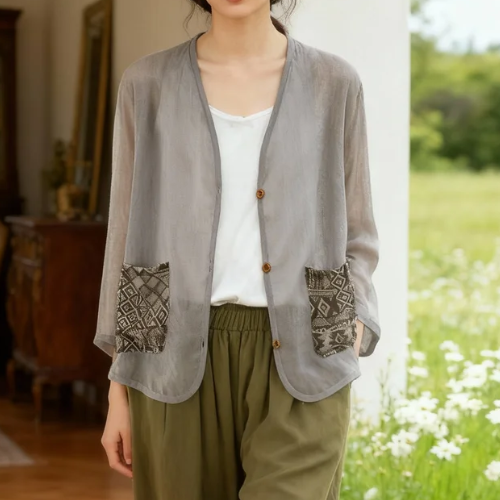 ゆったりプリント切替 接触冷感 リネン風アイスシルク 長袖UVカット Vネック カーディガン レディース 大きいサイズ