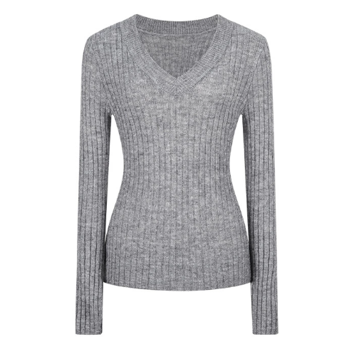 韓系Vネックウエスト締め痩せ効果ニット エレガント高級感長袖トップス