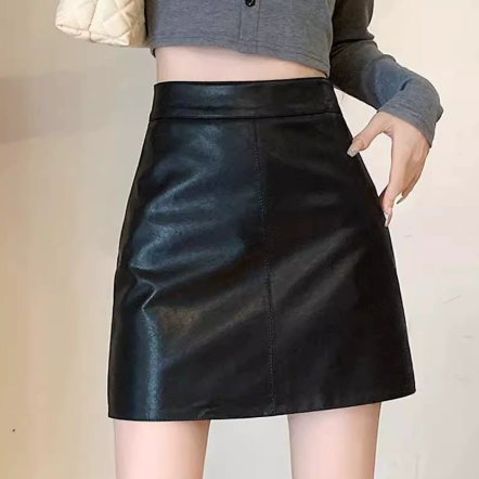 クラシックブラックレザーハイウエストAラインミニスカート 春秋エレガント防走光スカート