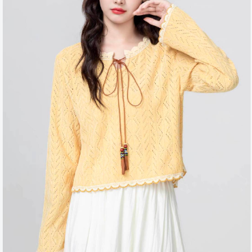 2025年秋新作 エレガント高級感ミルクイエローレース編み蝶結びニット