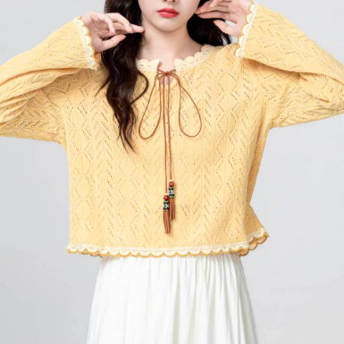 2025年秋新作 エレガント高級感ミルクイエローレース編み蝶結びニット