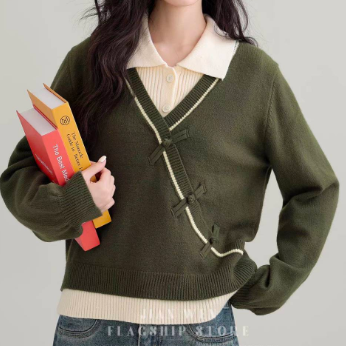 2025秋冬新作 新中式ボタンデザインのフェイクツーピース ロングスリーブニット